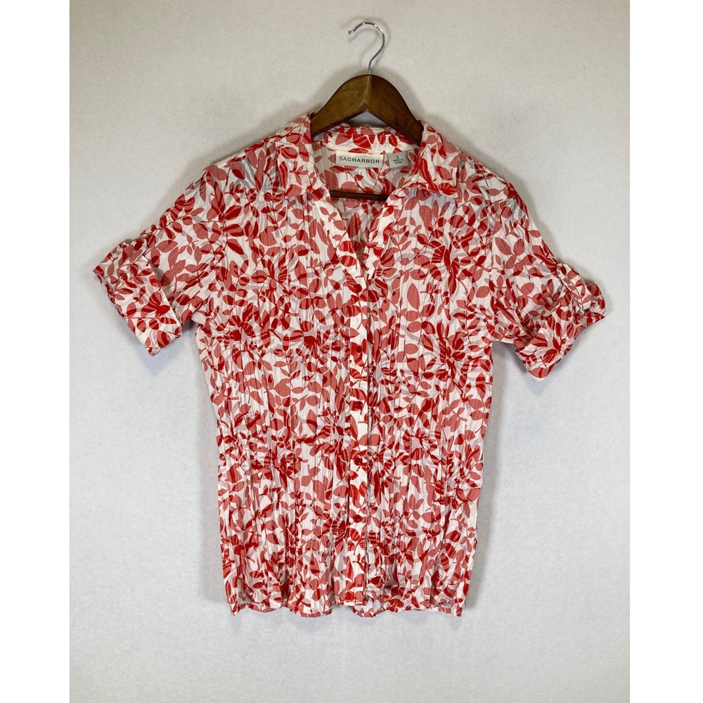 Coastal‎ Sag Harbor Womens Small Red White Floral Crinkle Button Up Short Sleeve